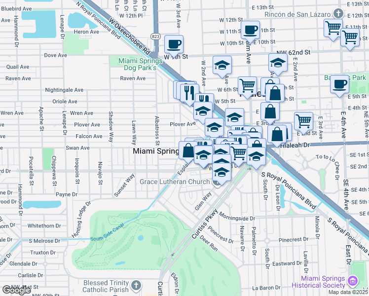 map of restaurants, bars, coffee shops, grocery stores, and more near 325 Cardinal Street in Miami Springs