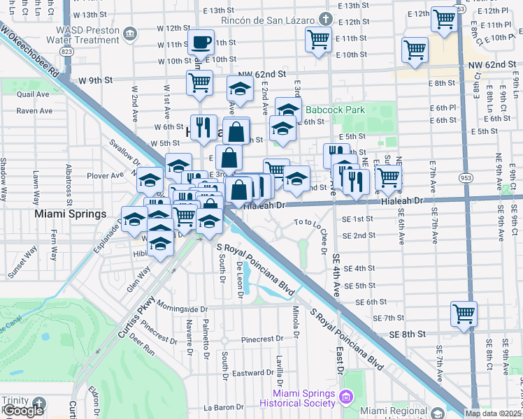 map of restaurants, bars, coffee shops, grocery stores, and more near 132 Hialeah Drive in Hialeah