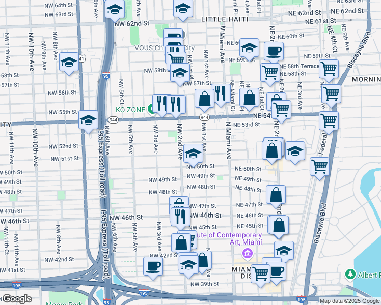 map of restaurants, bars, coffee shops, grocery stores, and more near 169 Northwest 51st Street in Miami