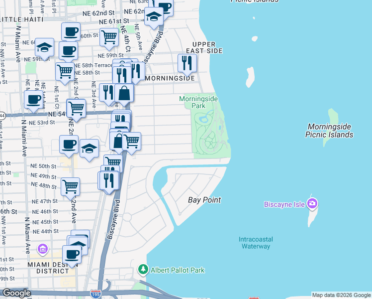 map of restaurants, bars, coffee shops, grocery stores, and more near 655 Northeast 50th Terrace in Miami