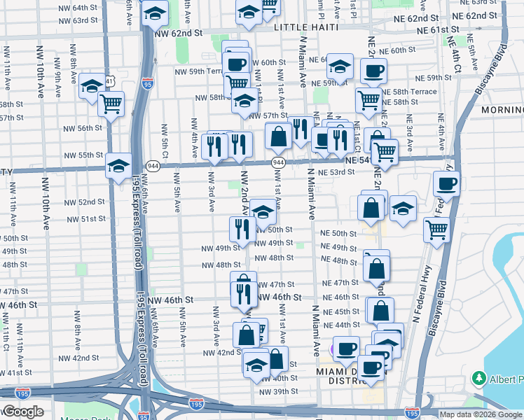 map of restaurants, bars, coffee shops, grocery stores, and more near 169 Northwest 51st Street in Miami