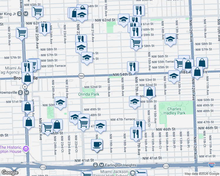 map of restaurants, bars, coffee shops, grocery stores, and more near 1918 Northwest 52nd Street in Miami