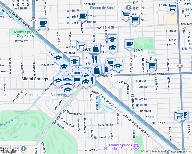 map of restaurants, bars, coffee shops, grocery stores, and more near 1592 Okeechobee Road in Hialeah