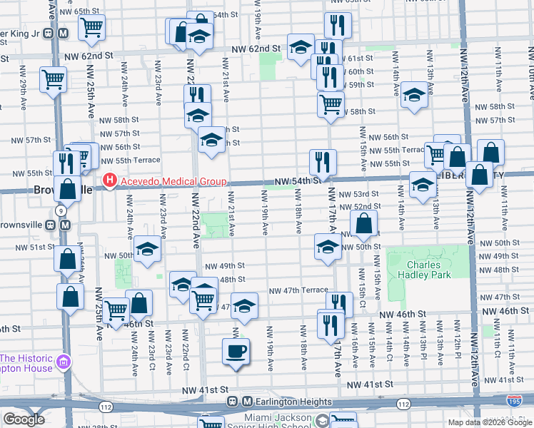 map of restaurants, bars, coffee shops, grocery stores, and more near 1918 Northwest 52nd Street in Miami
