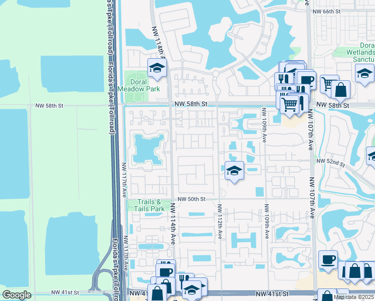 map of restaurants, bars, coffee shops, grocery stores, and more near 11312 Northwest 54th Terrace in Doral