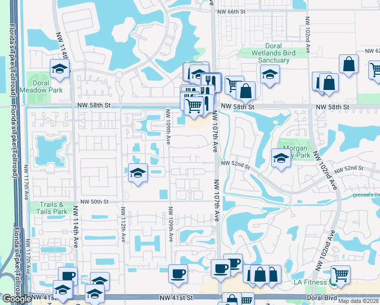 map of restaurants, bars, coffee shops, grocery stores, and more near 10763 Northwest 53rd Lane in Doral