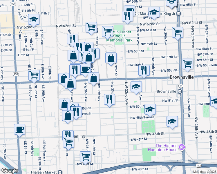 map of restaurants, bars, coffee shops, grocery stores, and more near 3328 Northwest 53rd Street in Miami