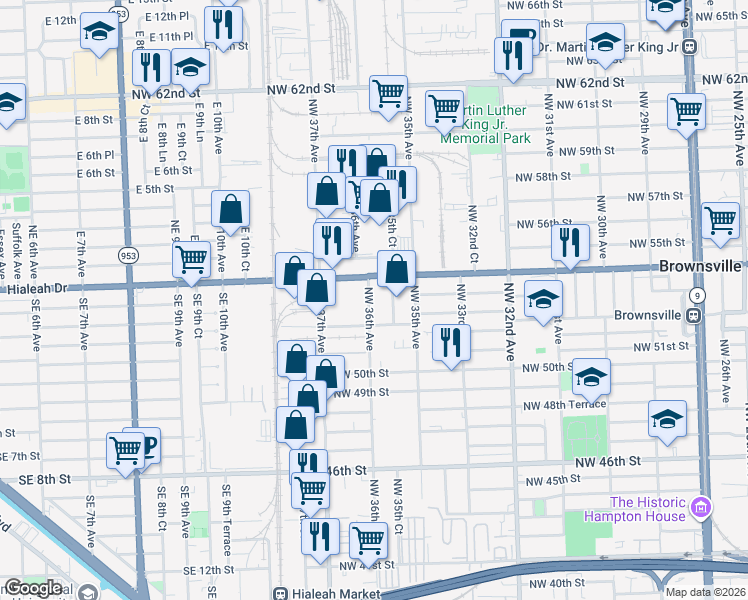 map of restaurants, bars, coffee shops, grocery stores, and more near 5211 Northwest 36th Avenue in Miami