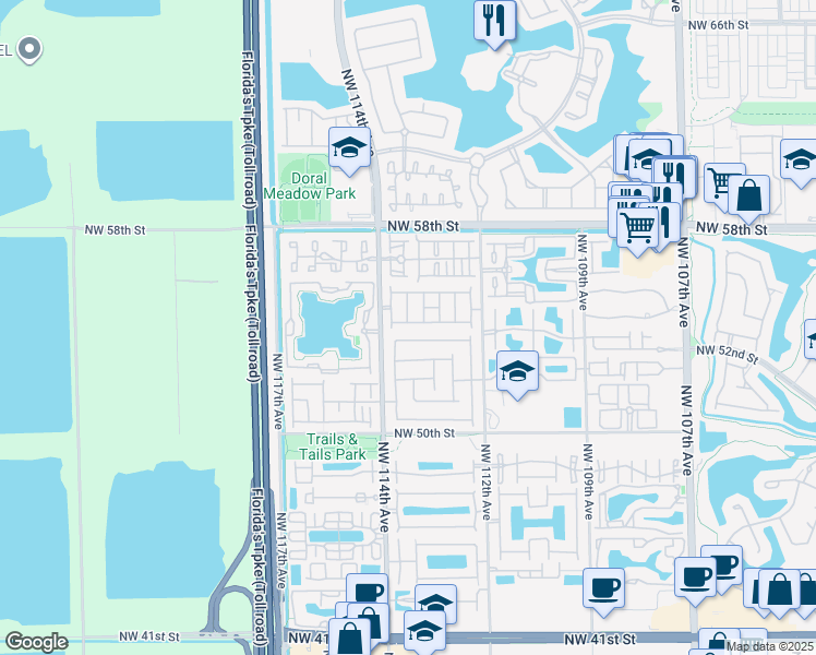 map of restaurants, bars, coffee shops, grocery stores, and more near 11312 Northwest 54th Terrace in Doral