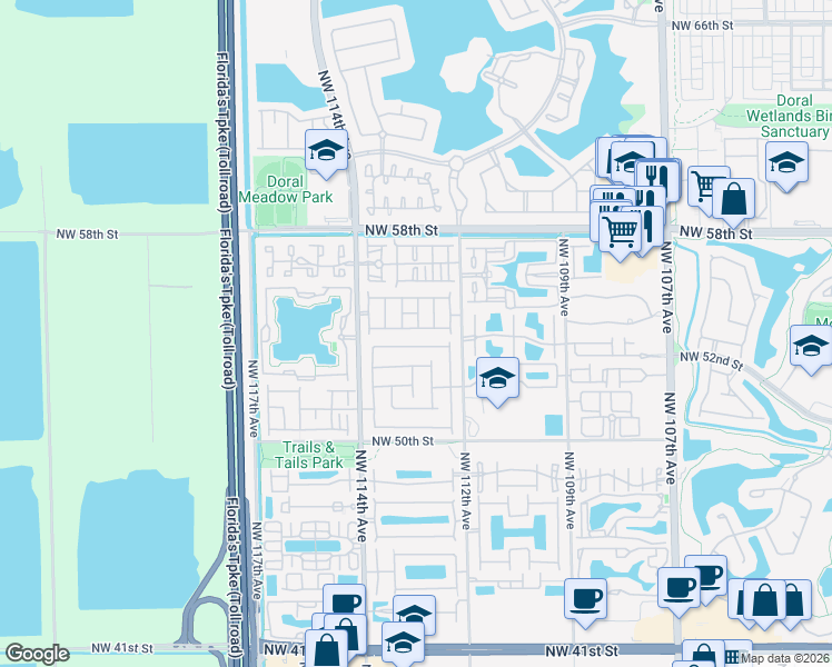 map of restaurants, bars, coffee shops, grocery stores, and more near 11239 Northwest 53rd Lane in Doral