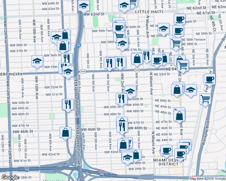 map of restaurants, bars, coffee shops, grocery stores, and more near 301 Northwest 51st Street in Miami