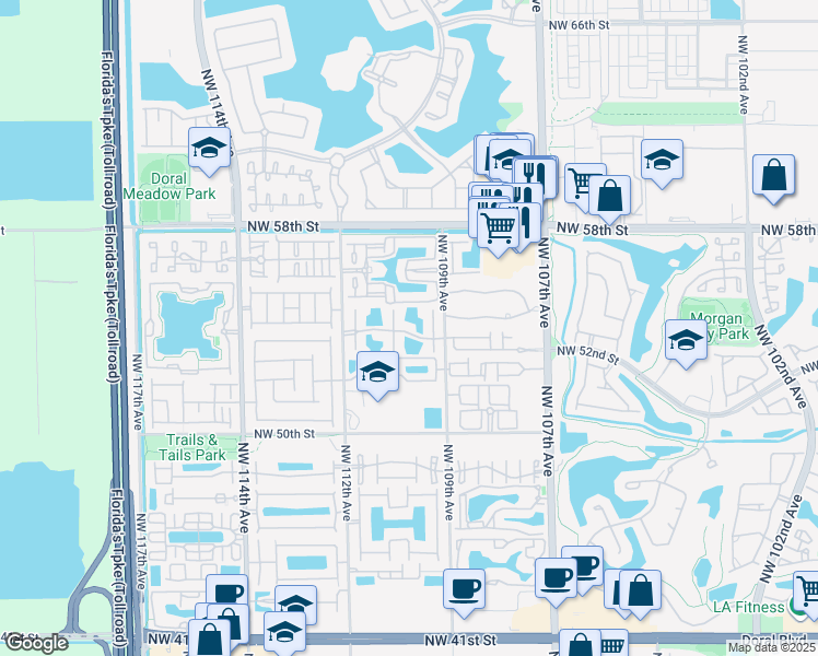 map of restaurants, bars, coffee shops, grocery stores, and more near 5382 Northwest 110th Avenue in Doral