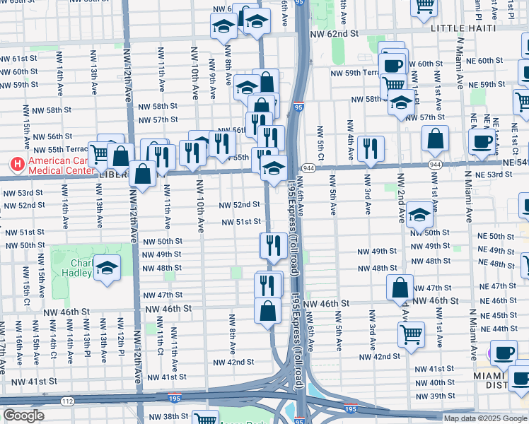 map of restaurants, bars, coffee shops, grocery stores, and more near 5121 Northwest 7th Avenue in Miami
