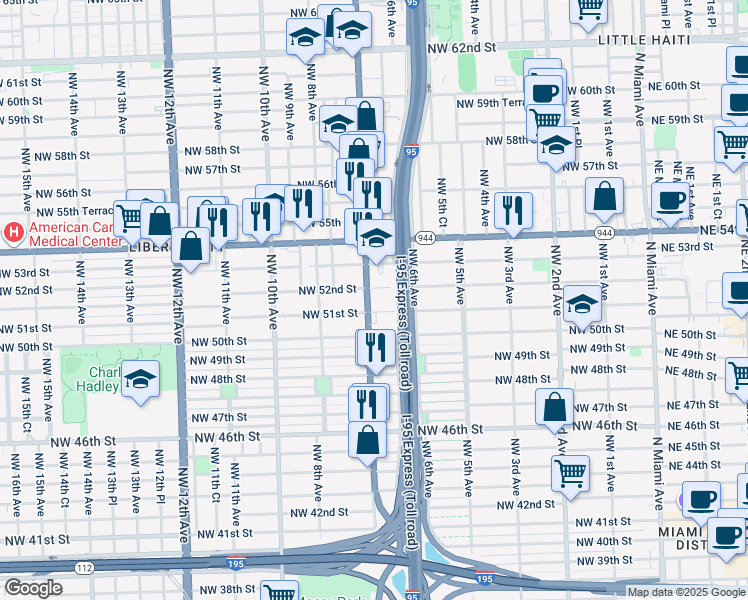 map of restaurants, bars, coffee shops, grocery stores, and more near 5121 Northwest 7th Avenue in Miami