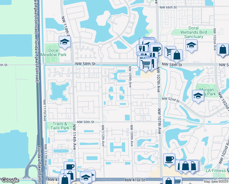map of restaurants, bars, coffee shops, grocery stores, and more near 5382 Northwest 110th Avenue in Doral