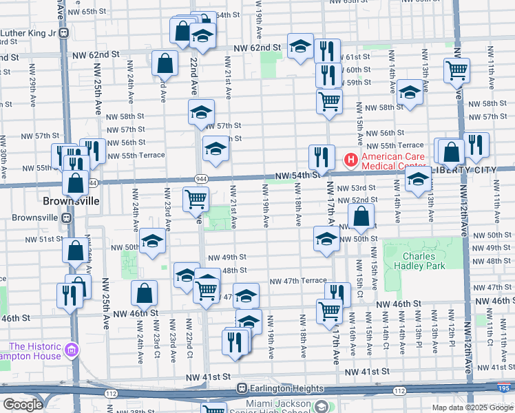 map of restaurants, bars, coffee shops, grocery stores, and more near 1918 Northwest 52nd Street in Miami
