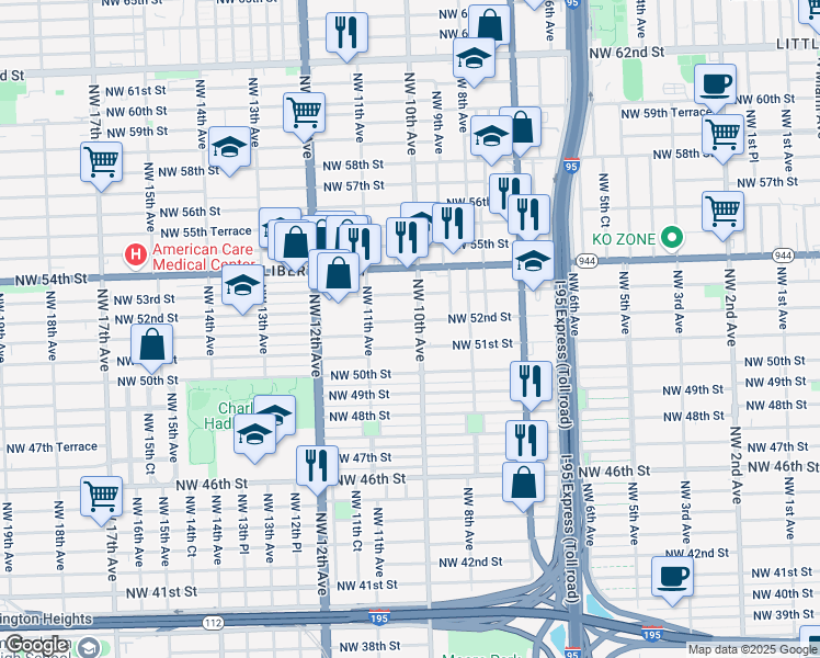 map of restaurants, bars, coffee shops, grocery stores, and more near 5110 Northwest 10th Avenue in Miami