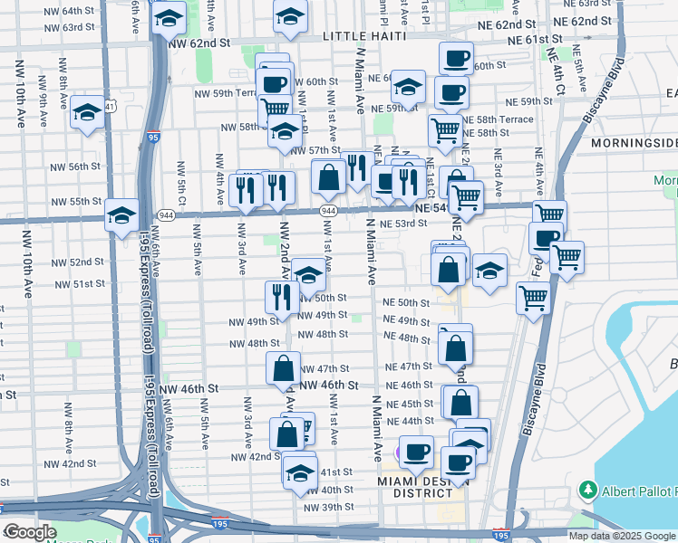 map of restaurants, bars, coffee shops, grocery stores, and more near 83 Northwest 51st Street in Miami
