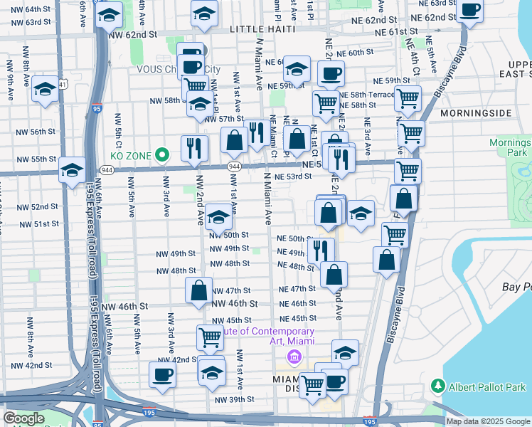map of restaurants, bars, coffee shops, grocery stores, and more near 5100 North Miami Avenue in Miami