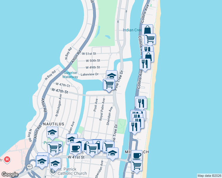 map of restaurants, bars, coffee shops, grocery stores, and more near 353 West 47th Street in Miami Beach
