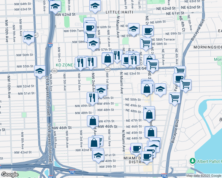 map of restaurants, bars, coffee shops, grocery stores, and more near 83 Northwest 51st Street in Miami