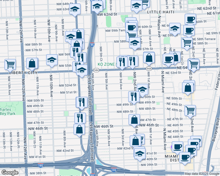 map of restaurants, bars, coffee shops, grocery stores, and more near 441 Northwest 51st Street in Miami