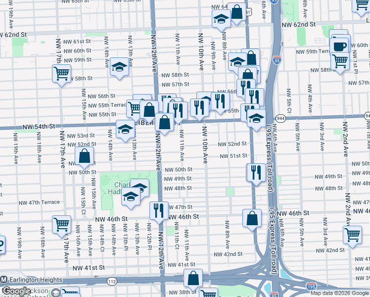 map of restaurants, bars, coffee shops, grocery stores, and more near 5153 Northwest 11th Avenue in Miami