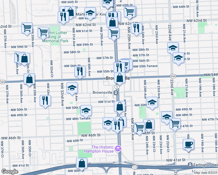 map of restaurants, bars, coffee shops, grocery stores, and more near in Brownsville