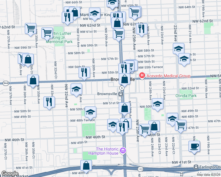 map of restaurants, bars, coffee shops, grocery stores, and more near 5255 Northwest 29th Avenue in Miami