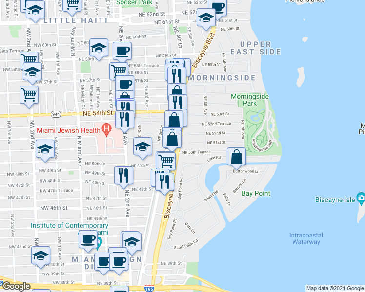 map of restaurants, bars, coffee shops, grocery stores, and more near 5061 Biscayne Boulevard in Miami