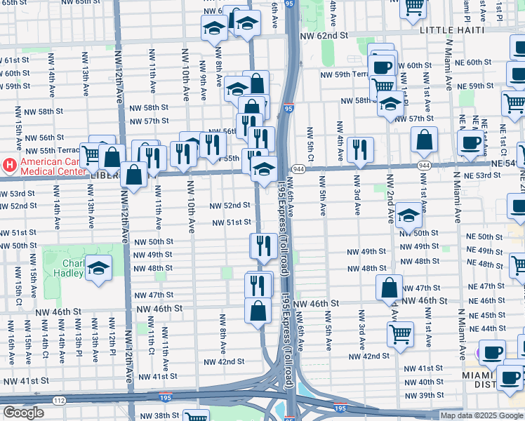 map of restaurants, bars, coffee shops, grocery stores, and more near 5121 Northwest 7th Avenue in Miami