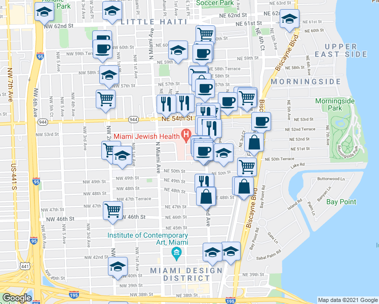 map of restaurants, bars, coffee shops, grocery stores, and more near 145 Northeast 50th Street in Miami