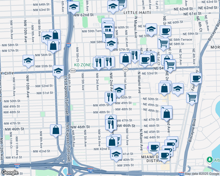 map of restaurants, bars, coffee shops, grocery stores, and more near 231 Northwest 51st Street in Miami