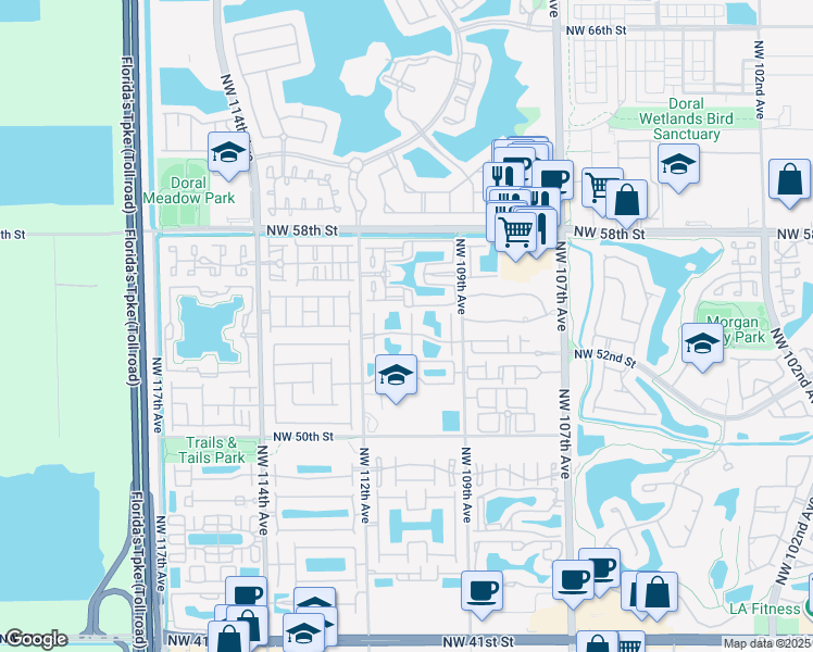 map of restaurants, bars, coffee shops, grocery stores, and more near 5382 Northwest 110th Avenue in Doral
