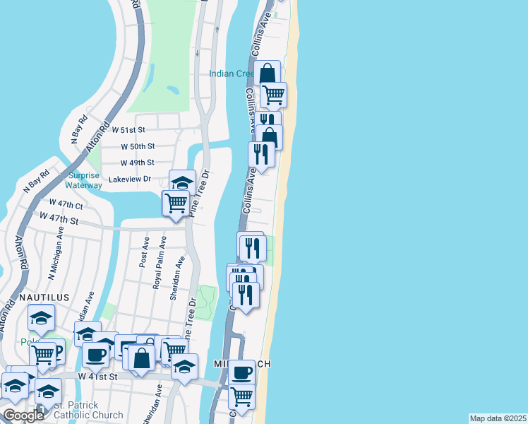 map of restaurants, bars, coffee shops, grocery stores, and more near 4775 Collins Avenue in Miami