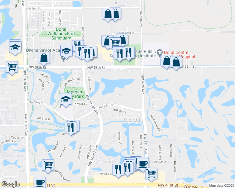 map of restaurants, bars, coffee shops, grocery stores, and more near 9875 Northwest 52nd Lane in Doral