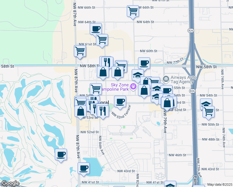 map of restaurants, bars, coffee shops, grocery stores, and more near 8355 Northwest 54th Street in Doral