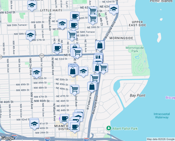 map of restaurants, bars, coffee shops, grocery stores, and more near 284 Northeast 51st Street in Miami