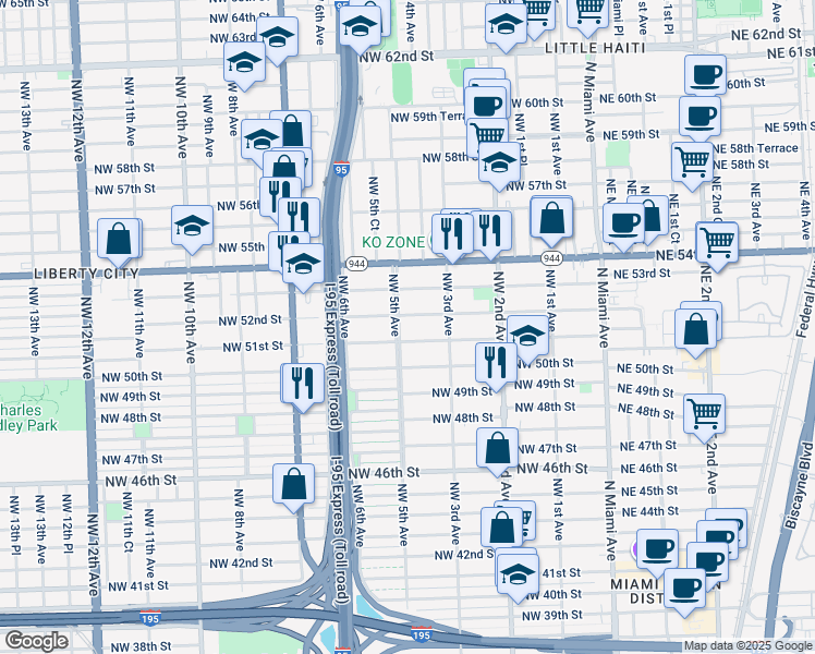 map of restaurants, bars, coffee shops, grocery stores, and more near 441 Northwest 51st Street in Miami