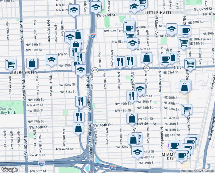 map of restaurants, bars, coffee shops, grocery stores, and more near 441 Northwest 51st Street in Miami