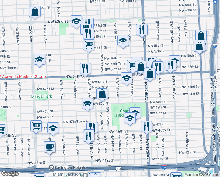 map of restaurants, bars, coffee shops, grocery stores, and more near 1453 Northwest 51st Terrace in Miami