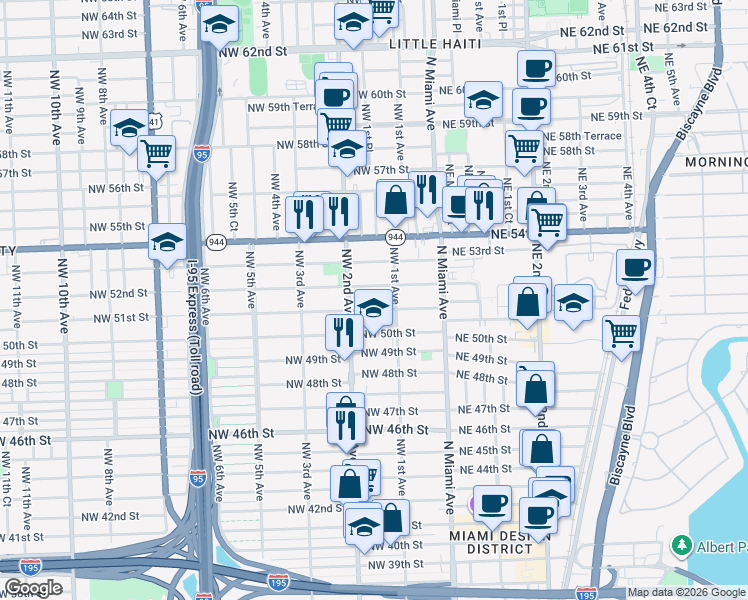 map of restaurants, bars, coffee shops, grocery stores, and more near 169 Northwest 51st Street in Miami