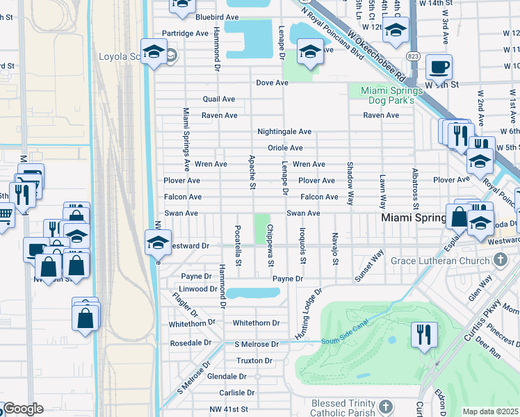 map of restaurants, bars, coffee shops, grocery stores, and more near 1401 Westward Drive in Miami Springs