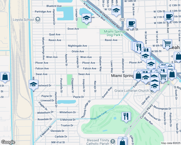map of restaurants, bars, coffee shops, grocery stores, and more near 296 Navajo Street in Miami Springs