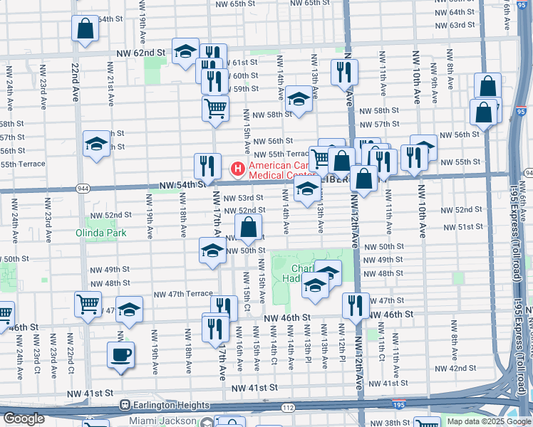 map of restaurants, bars, coffee shops, grocery stores, and more near 1453 Northwest 51st Terrace in Miami
