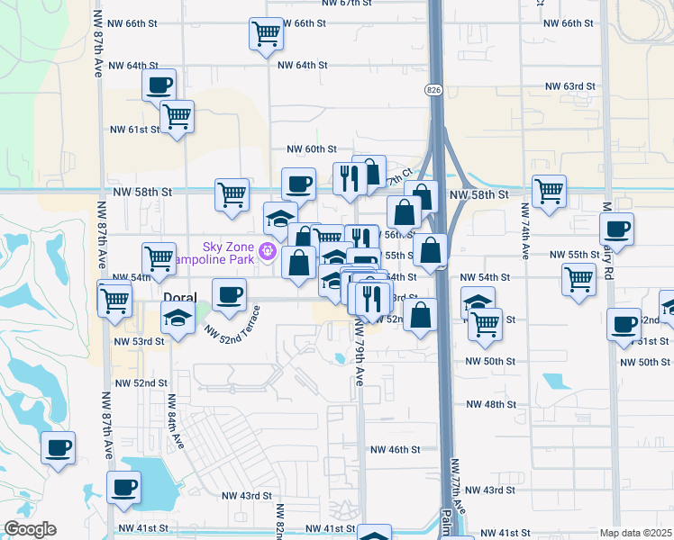 map of restaurants, bars, coffee shops, grocery stores, and more near 7955 Northwest 54th Street in Doral