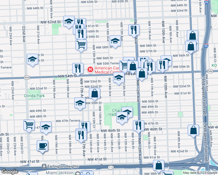 map of restaurants, bars, coffee shops, grocery stores, and more near 1381 Northwest 51st Terrace in Miami