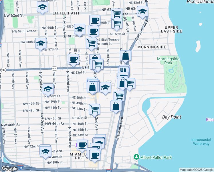 map of restaurants, bars, coffee shops, grocery stores, and more near 284 Northeast 51st Street in Miami