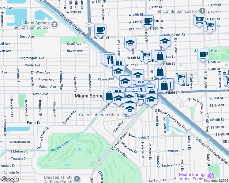 map of restaurants, bars, coffee shops, grocery stores, and more near 230 Esplanade Drive in Miami Springs