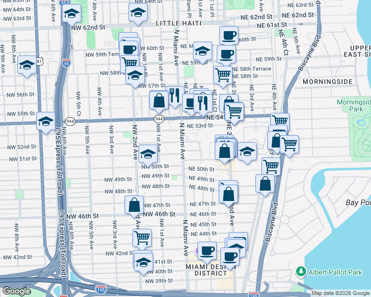 map of restaurants, bars, coffee shops, grocery stores, and more near 5100 North Miami Avenue in Miami